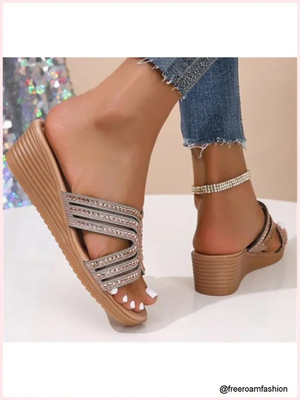 Criss Cross Low Wedge Sandals Dressy Rhinestone Platform Slides Breathable